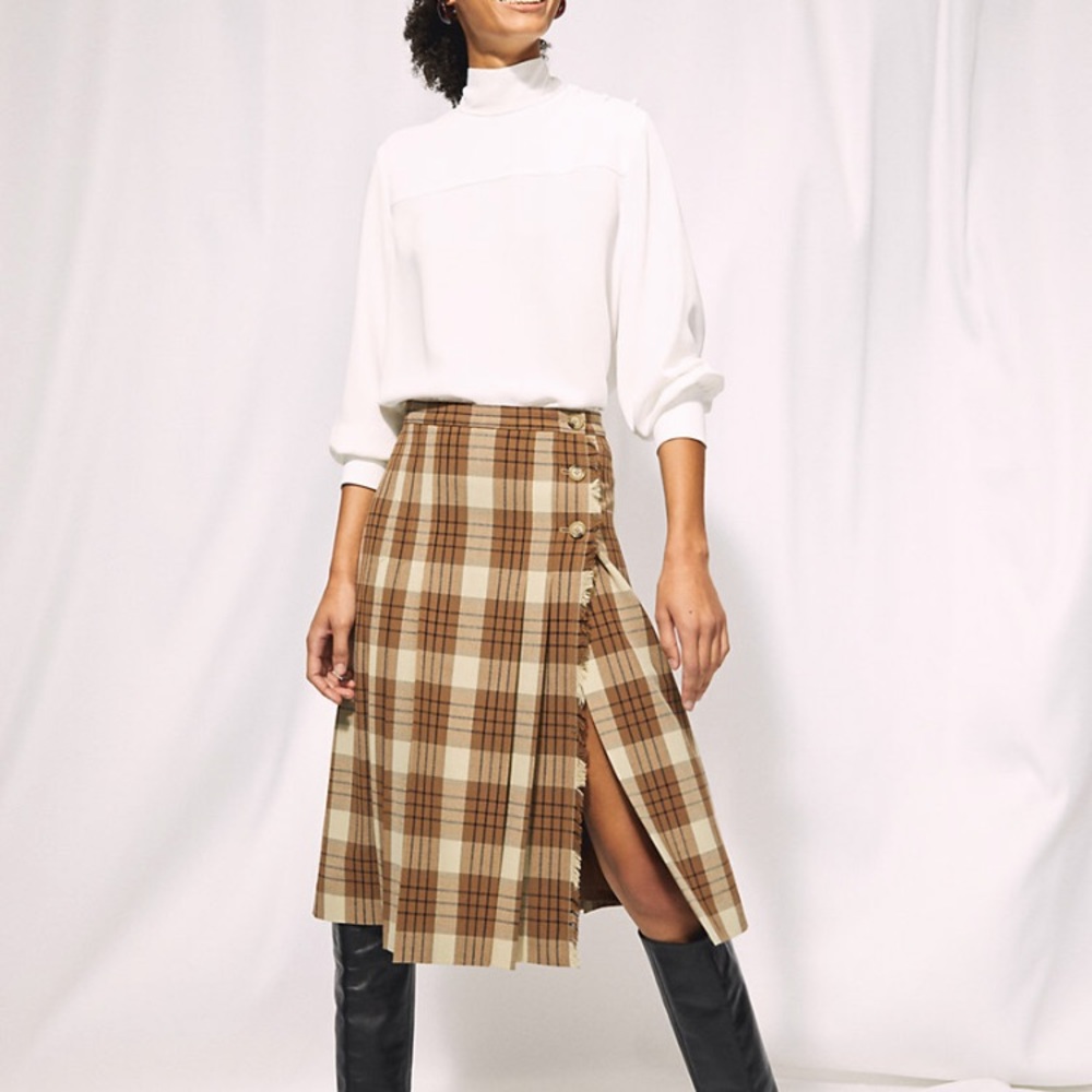 Aritzia Plaid A-Line Midi Skirt in Brown & Cream